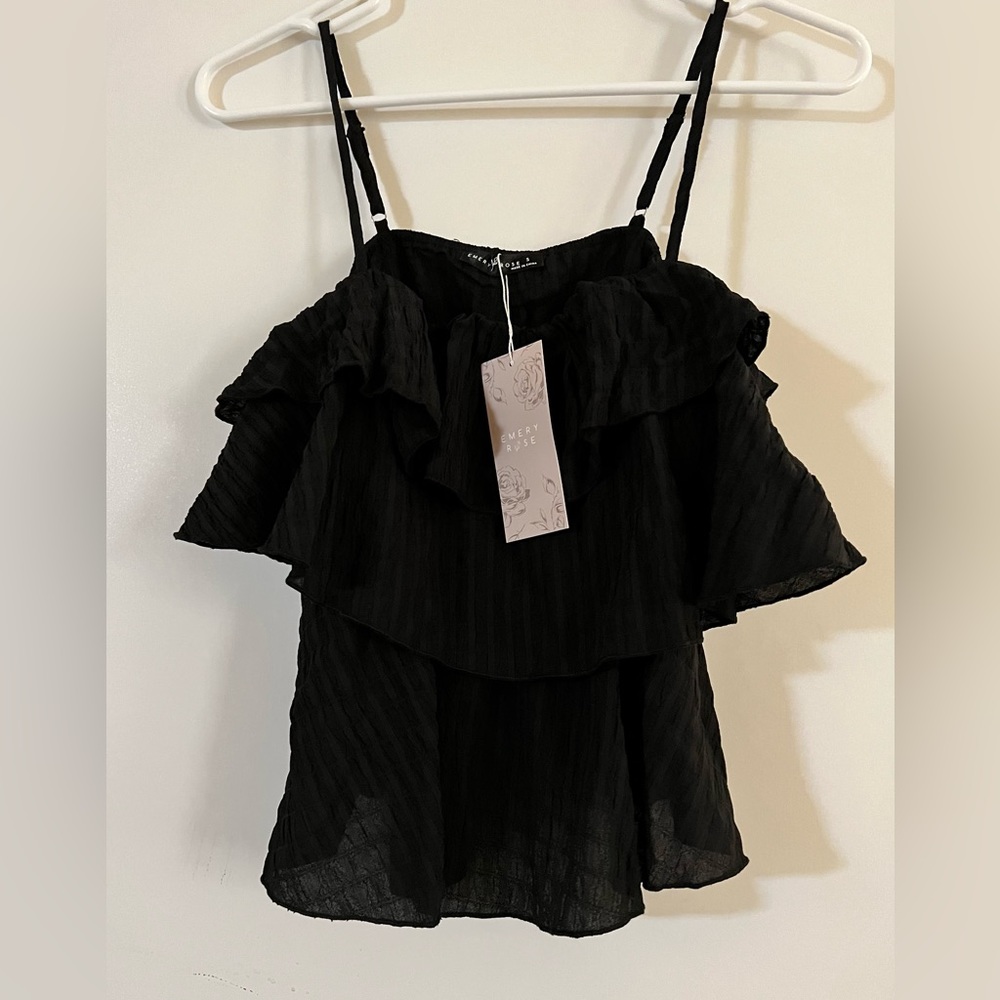 SHEIN LUNE Solid Black Ruffle Trim Cami Top Size Small